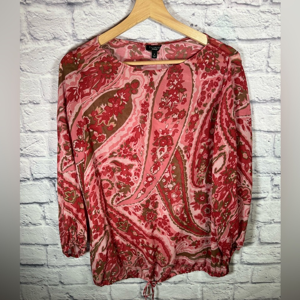 Talbots Red Pink Paisley Silk Tunic Top Sheer Womens size 4